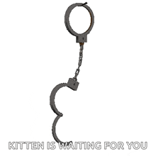 a pair of handcuffs on a chain with the words kitten is waiting for you below them