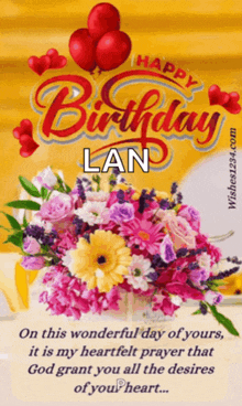 a happy birthday card for lan with flowers and balloons