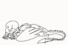 a black and white drawing of a skeleton laying on its back with wings .