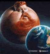 a cartoon of a man with his mouth open next to a planet earth
