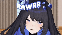 a close up of a girl with the word rawrr written on her head