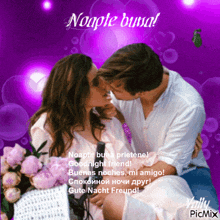 a couple kissing on a purple background with the words noapte buna written above them