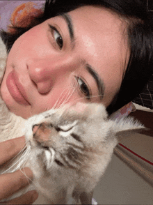 a woman laying on a bed with her head on a cat
