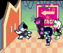 a group of pixel art characters are standing in a room .