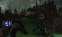 a green cartoon character stands in front of a city