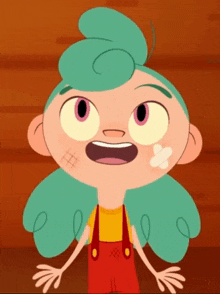 a cartoon girl with green hair and red overalls looks surprised