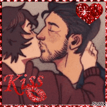 a picture of a man and woman kissing with the word kiss in red