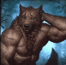 a painting of a werewolf without a shirt is standing in the woods .