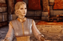 a woman in a video game is standing in a room with her hands outstretched .