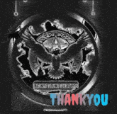 a black and white drawing of a crow and a pentagram with the words thank you below