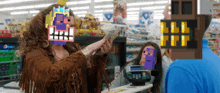 a woman in a fringed jacket is holding a bunch of money in a store