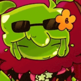 a cartoon character with sunglasses and a flower on his head .