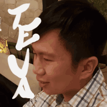 a close up of a man 's face with the letter e on his head