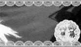 a black and white photo of two anime characters standing next to each other on a lace background .