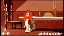 a cartoon character is standing in a room next to a table and chair .