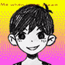 a black and white drawing of a boy with a pink background and the words `` me when i get pizza '' .