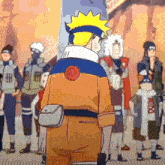 a cartoon of naruto standing in front of a group of ninjas