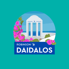 a sticker for robinson daidalos with a building and flowers