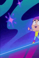 a cartoon of a girl walking on a tightrope with a star in the background