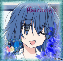 a picture of a girl with blue hair and the words goodnight written on it