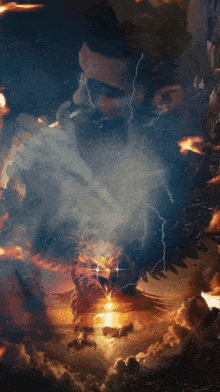 a man with a beard is surrounded by lightning and smoke