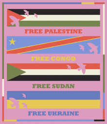 a colorful poster with the words free palestine free congo free sudan and free ukraine