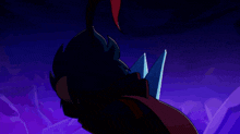 a cartoon character is holding a sword in a dark cave