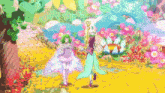 a cartoon of two fairies holding hands on a path