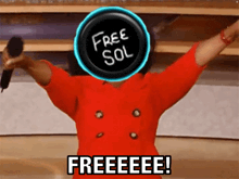 a woman is holding a microphone in front of a free sol logo