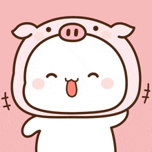 a cartoon drawing of a pig wearing a pink hood