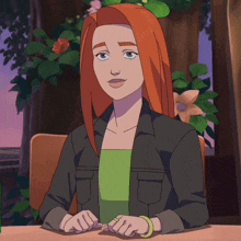a cartoon of a woman with red hair is sitting at a table