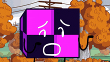 a cartoon of a purple and black cube with a sad face