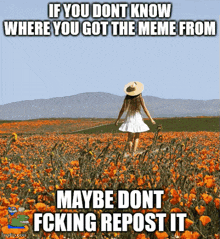a woman in a white dress stands in a field of flowers