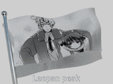 a flag with a picture of a man and a girl and the words leopan peak on the bottom