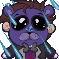 a cartoon of a purple teddy bear in a suit and bow tie