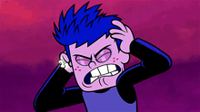 a cartoon character with blue hair is holding his head in pain