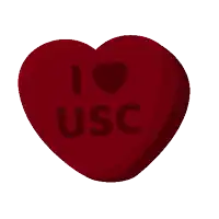 a red heart candy that says i love usc