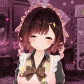 a girl in a maid costume is smiling in front of a sign that says mony ruby