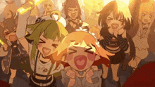 a group of anime girls are standing together and one of them has a shirt that says hello
