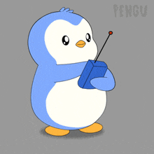 a penguin holding a remote control next to an igloo with the word pengu on the bottom