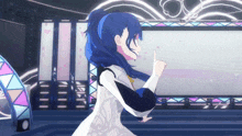 a girl with blue hair is dancing on a stage in a video game