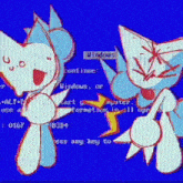 two cartoon characters are standing next to each other in front of a blue screen .