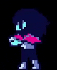 a pixel art of a person with a scarf around their neck standing in the dark .