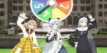 three anime girls are standing in front of a colorful spinning wheel with the numbers 1 through 5 on it