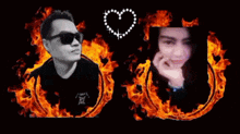 a man and a woman are surrounded by fire and a heart