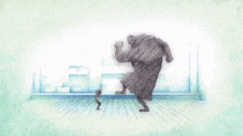 a drawing of a person standing in a room with the letter t in the corner