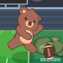 an illustration of a teddy bear kicking a football with the word bearish behind it
