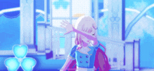 a girl in a blue and pink outfit is dancing in front of a sign that says ' dc '