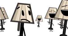 a group of lamp shades with faces on them are standing next to each other .