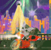a painting of a person riding a red motorcycle in front of a statue of liberty
